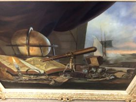 A Maritime oil painting captains cabin in frame. 96x75cm. Postage D