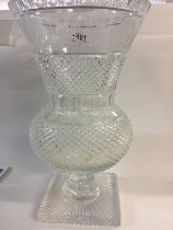 A large cut crystal thistle shape vase engraved with flowers and foliage 40 cm .