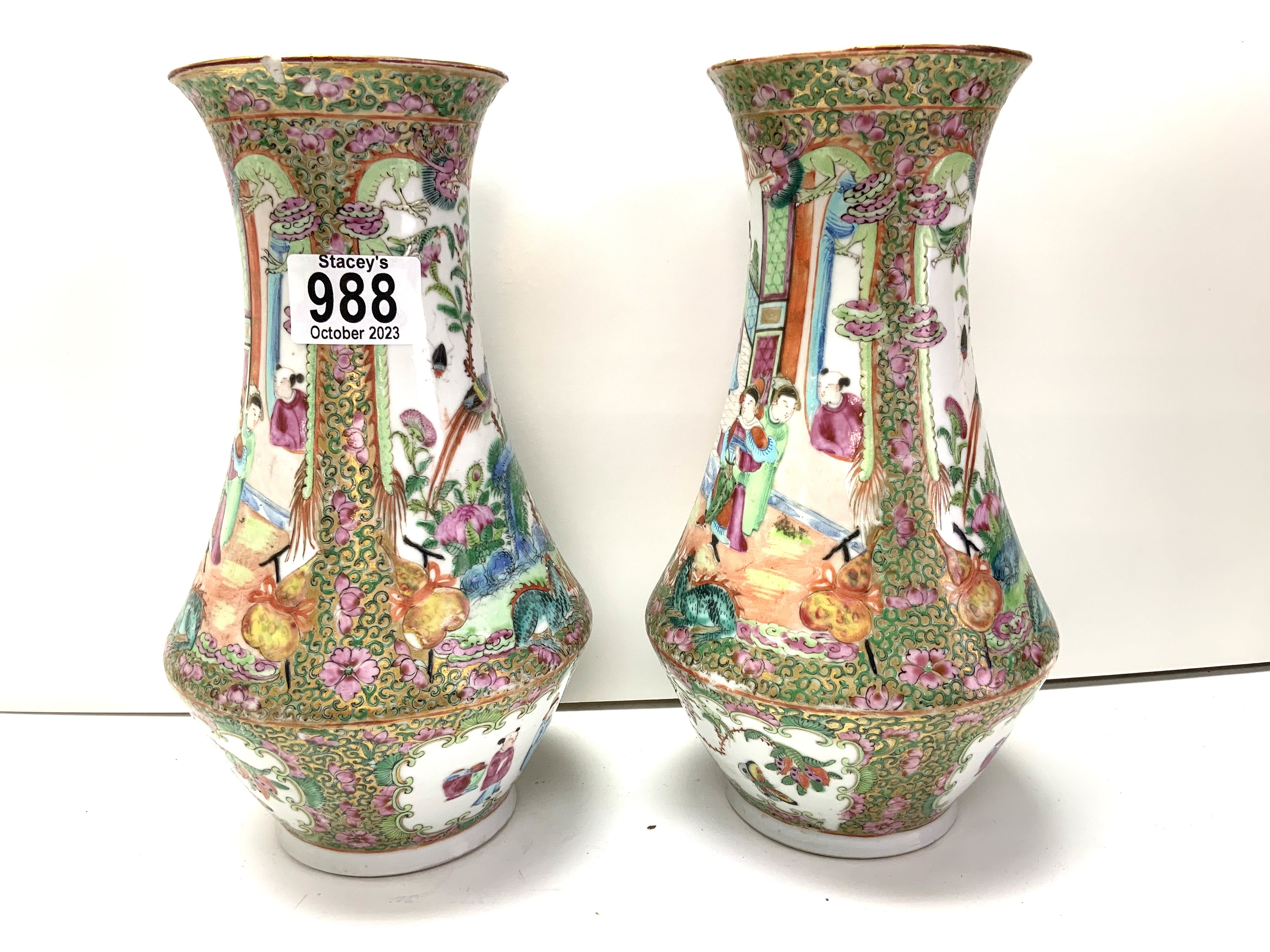 A pair of Cantonese porcelain baluster shaped vases. 25cm (D) some damage to rim. - Image 3 of 3