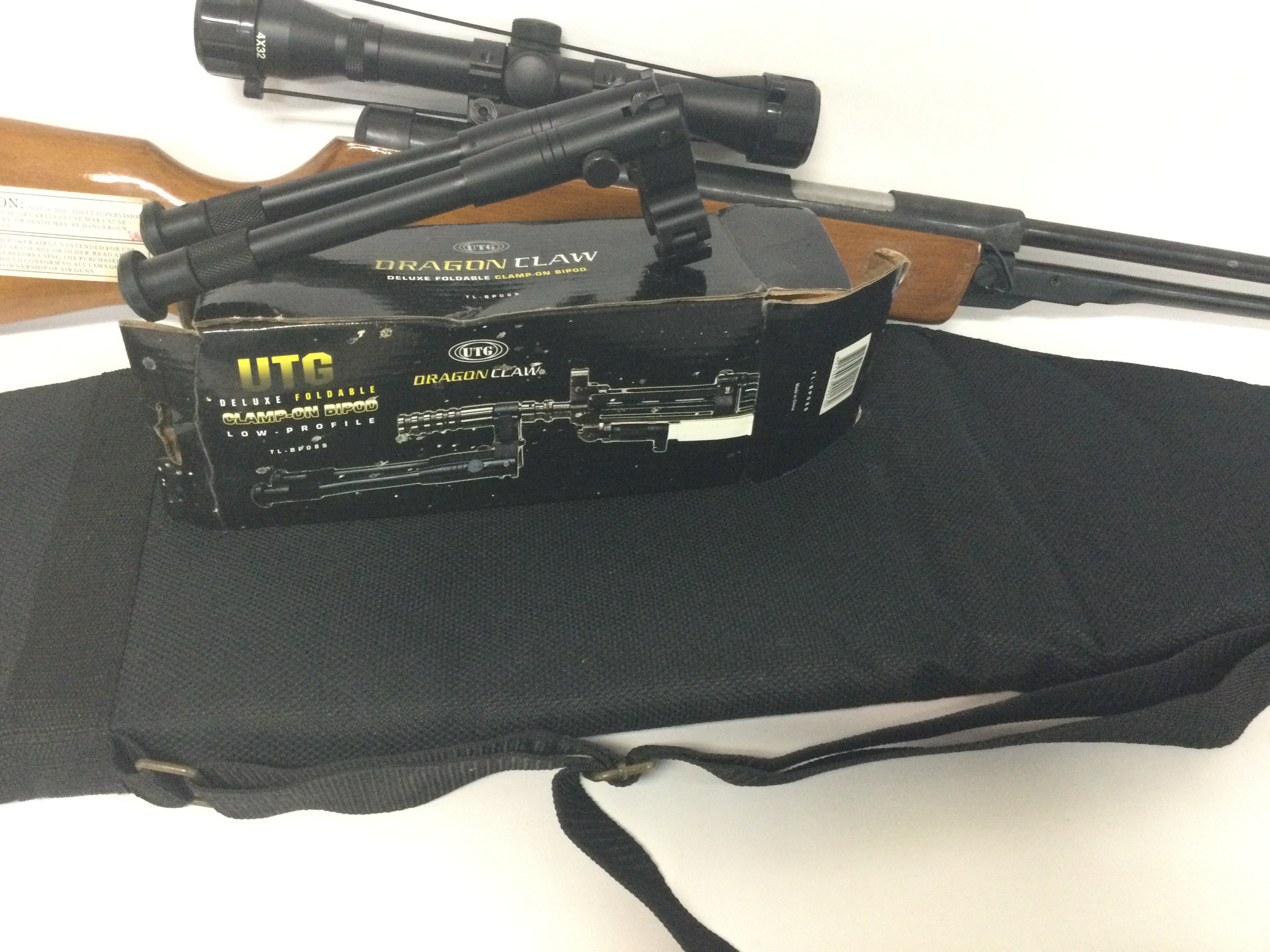 An unmarked air rifle with sight, including soft case and a boxed Dragon Claw Clamp on Bipod - Image 5 of 5