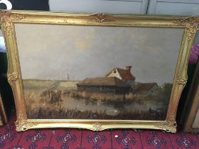 A framed Vic Ellis landscape painting depicting house and barn besides a creek with steps leading up
