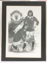 A George Best signed print of a pencil drawing depicting George in Man Utd kit, approx 27.5cm x