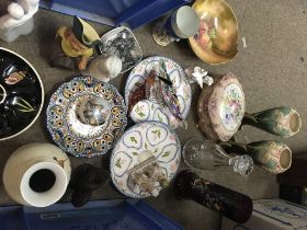 A box containing various ceramics including a pair