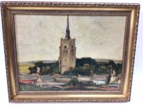 An oil painting of a church titled Whitchurch. Signed by Sir Ralph Richardson. Framed 47cm by 38cm.