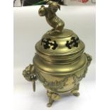 A large brass koro with applied dragon decoration and surmounted with a Fo dog, approx height