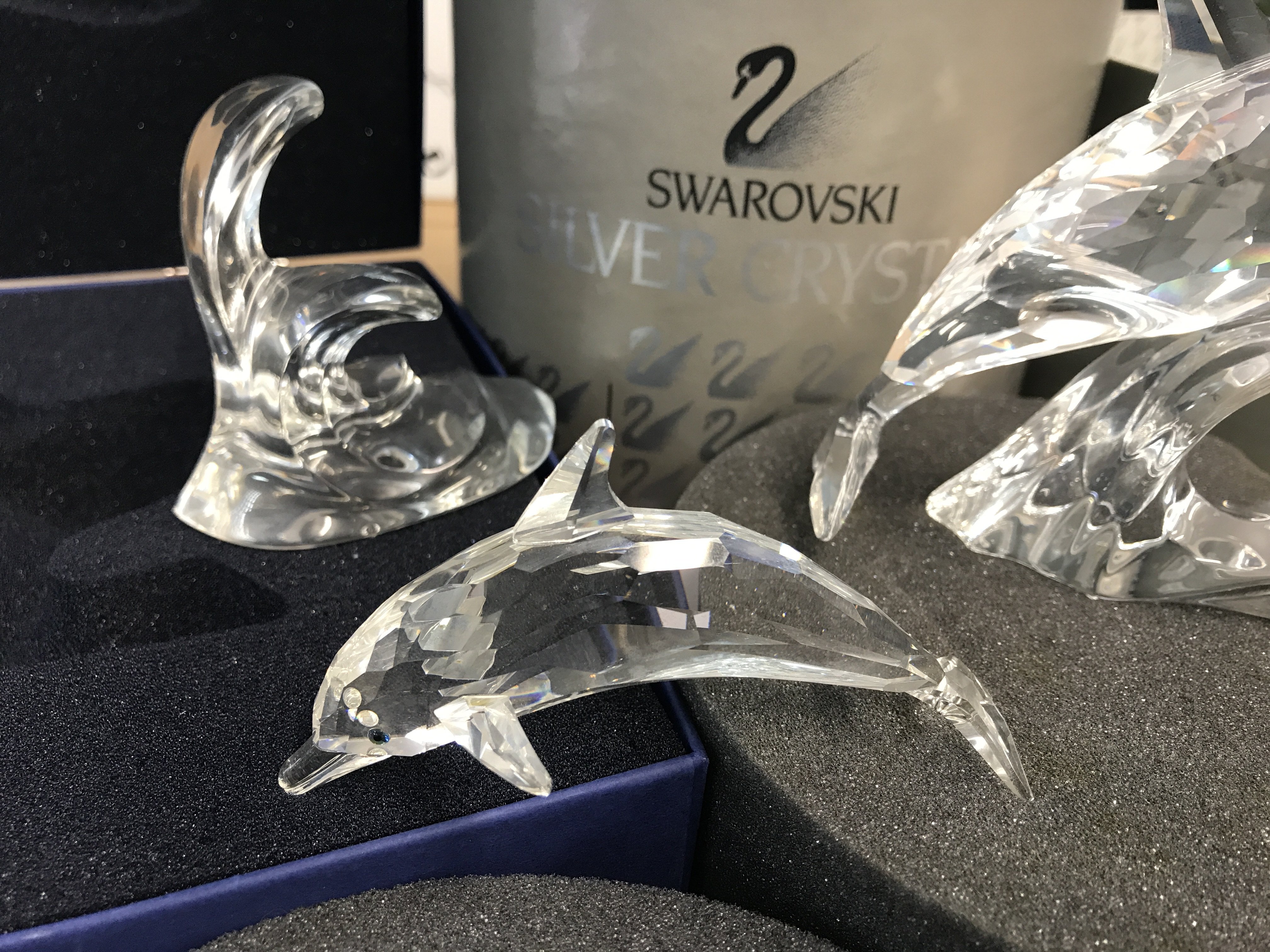 Four Swarovski sea creatures, including shark, Orca on wave and two dolphins among waves. One - Image 4 of 5