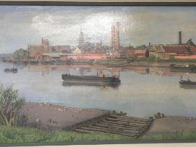 A framed oil painting on canvas study of an industrial area in Belgium 1950s with a large river