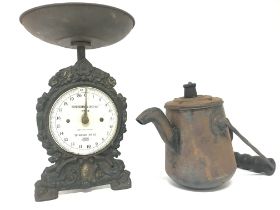 Vintage Billycan and kitchen scales, 32 and 21cm t