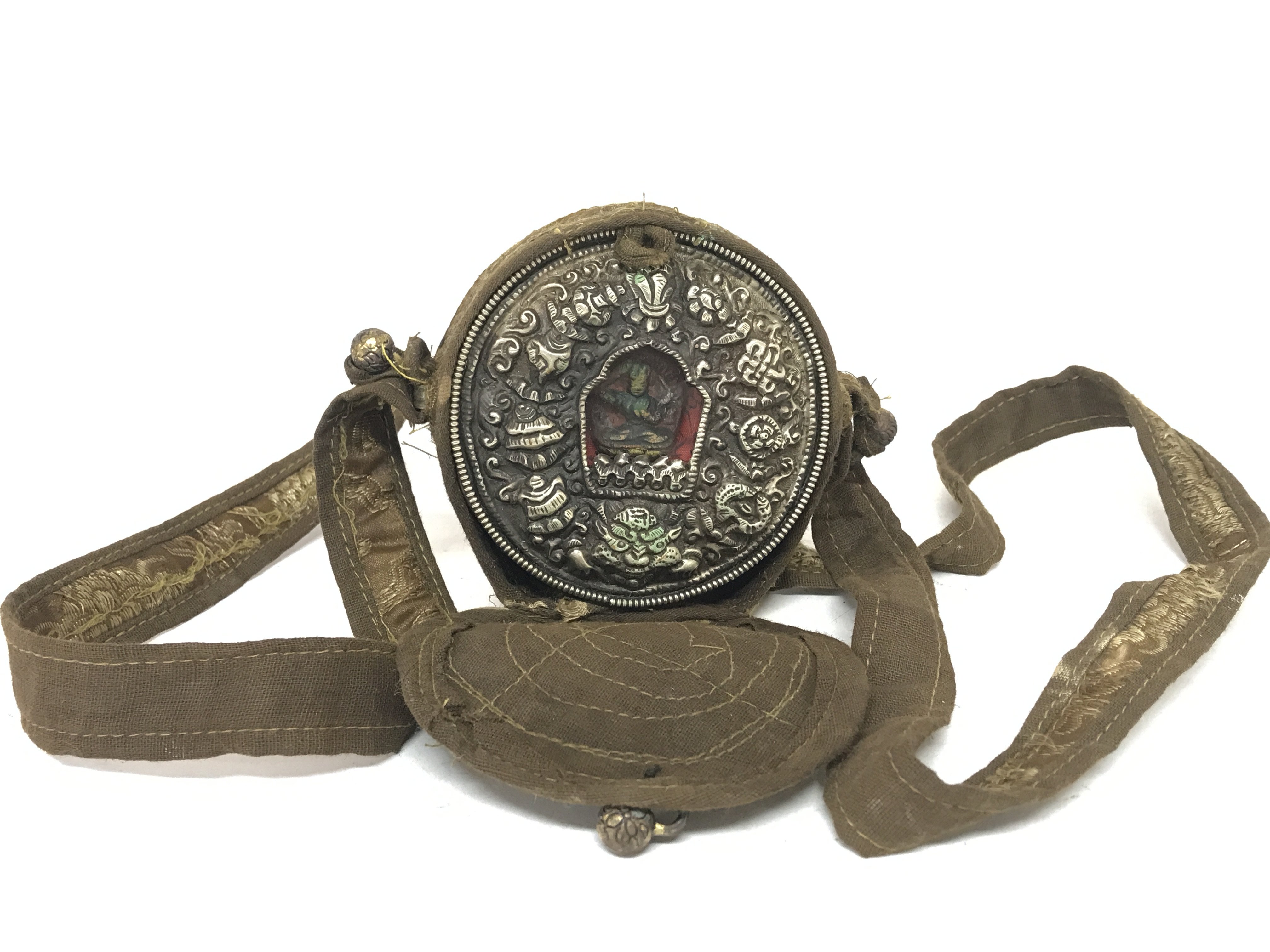 Old Tibetan round travelling shrine its embossed T