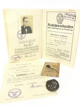 German Reich Sports Badge and pin presented to a Werner Kainer with a swimming certificate and award