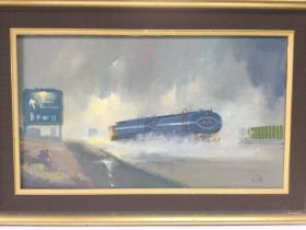 A Vic Ellis oil on canvas of an oil tanker, approx 74cm x 49cm including frame. Shipping category
