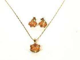 9k gold pendant and stud earring set with Quartz w