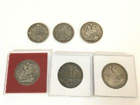 Four silver crowns and two 1889 double florins. Po