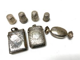2 hallmarked silver vesta cases, 4 silver thimbles, silver sweet box.