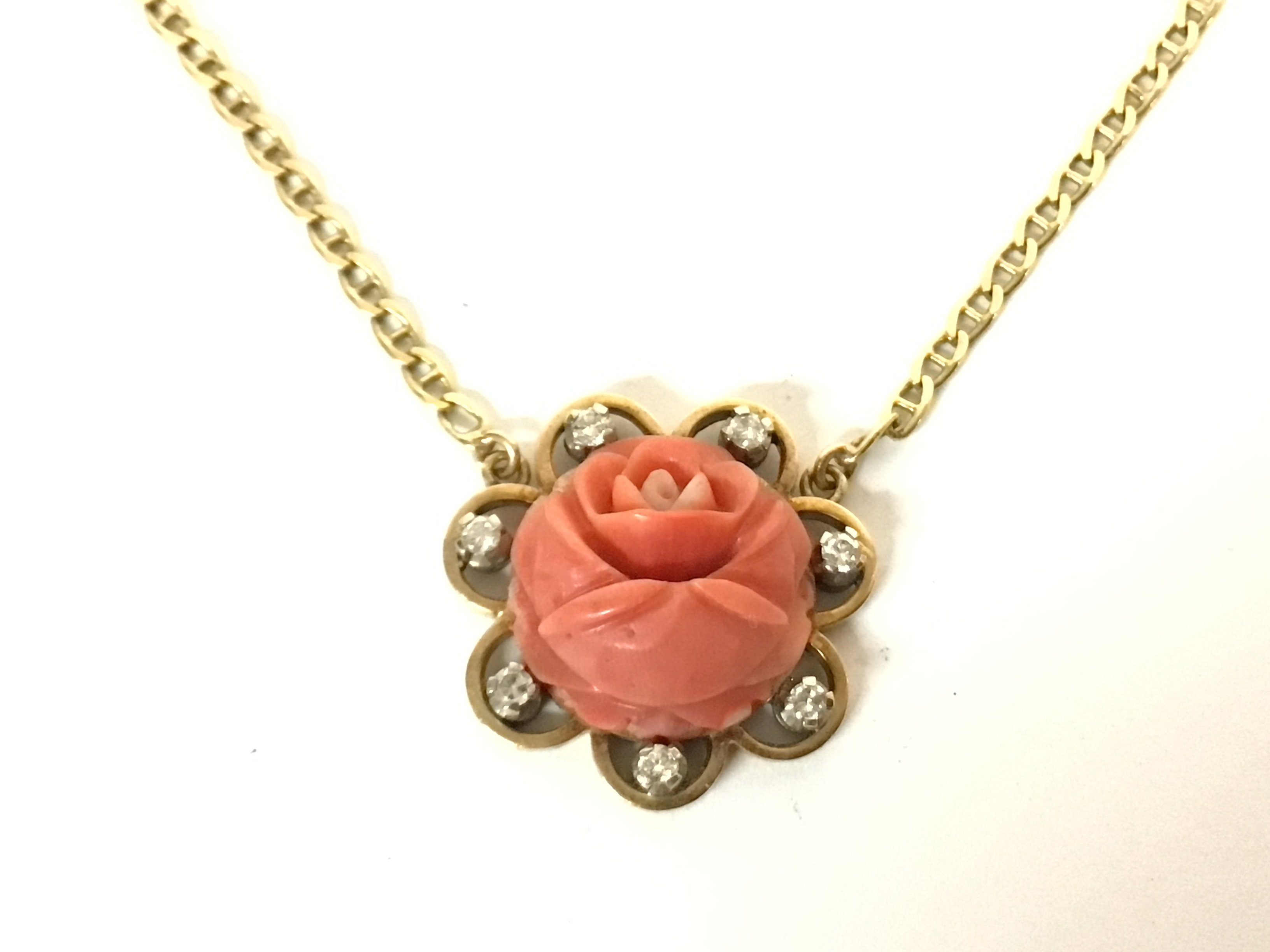 A coral and diamond pendant on a chain. Both marke - Image 2 of 4