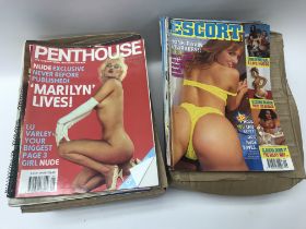 Four boxes of adult magazines including fiesta, es