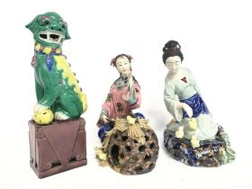 A pair of Chinese Porcelain figures and a Fu Dog ,