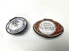 2 small 18thC Bilston enamel patch box with with mirror inside lid. (B)