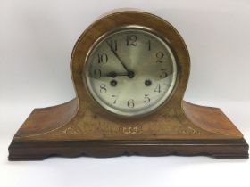 An inlaid walnut eight day mantle clock, approx he