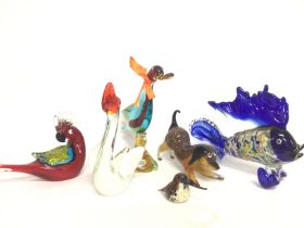 Art Glass animals including a Langham bird, Murano