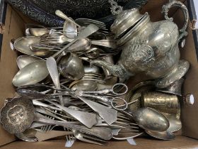 A box of mixed silver played cutlery etc.