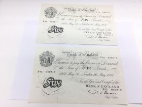 Two white Â£5 notes dated 26th May 1951 with conse