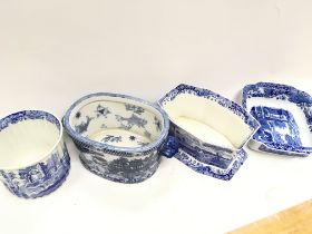 Spode blue and white ceramics including vases, bow