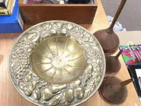 Arts and crafts embossed brass dish and three anti