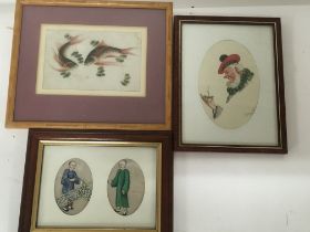 Two Chinese paintings on rice paper and a sketch o