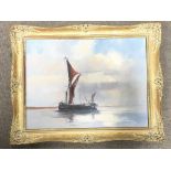 A Vic Ellis framed oil on canvas of a sailing boat, local interest. 47x37cm