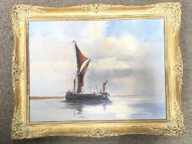 A Vic Ellis framed oil on canvas of a sailing boat, local interest. 47x37cm