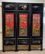 Three vintage Chinese carved fold screen panels wi