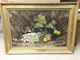 A damaged oil on canvas painting of a fruit basket