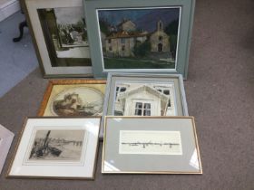 A box of various paintings and prints including both landscape and architectural. Shipping