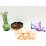 A collection of coloured art glass dishes and a va