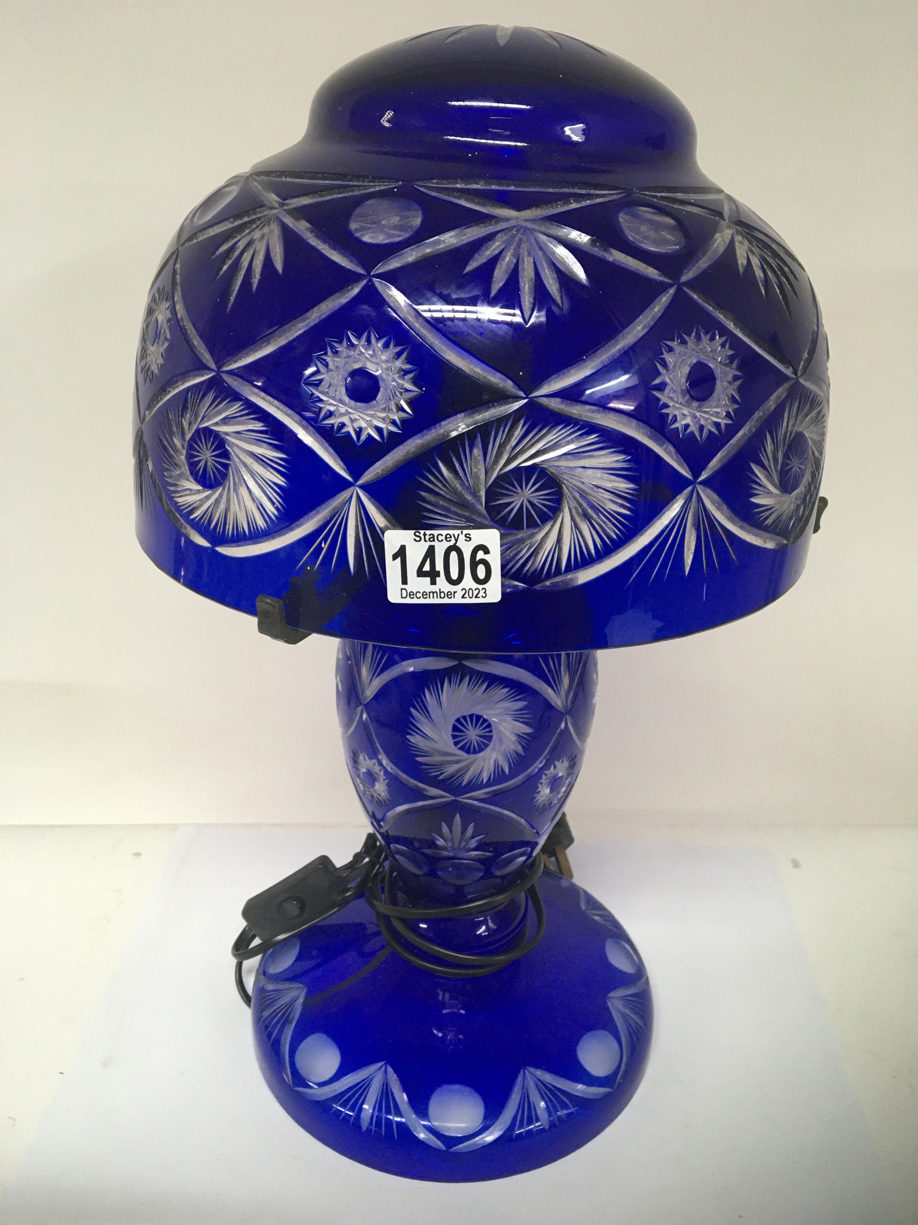 A blue overlay and cut glass table lamp Hight 53cm no obvious damage