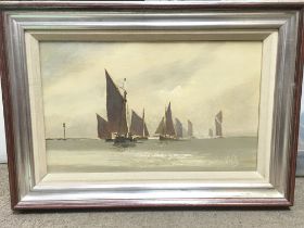 A Vic Ellis framed oil on canvas of a sailing boat, local interest. Dimensions 52x37cm dated 1982.