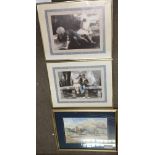 Framed french prints and an original watercolour o