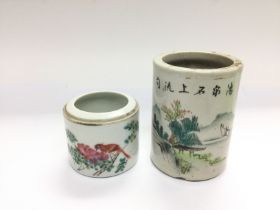 Two Oriental brush pots with hand painted decorati
