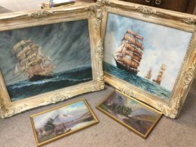 A pair of small Scottish highland scene paintings and a pair of marine oil paintings. Shipping