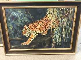 Oil painting of a tiger , signed Roval 79. Frame d