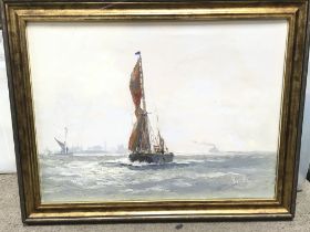 A Vic Ellis framed oil on canvas of a sailing boat, local interest. Dimensions 44x34cm