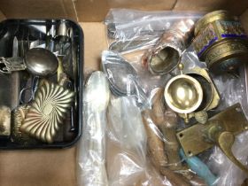 Boxes of metal and brass including cork screws and