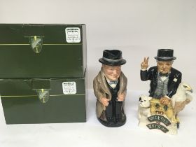 Two Churchill caricature jugs boxed Car Couture Classics and a box containing collectors plates