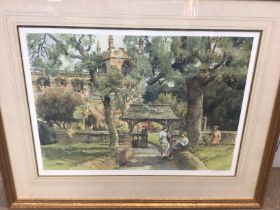 A framed pastel and print of a church party entran