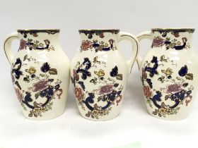 A trio of Masons Ironstone Blue Mandalay jugs , po