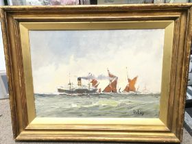 A Vic Ellis framed oil on canvas of a ferry and several sailing boats at sea, local interest.