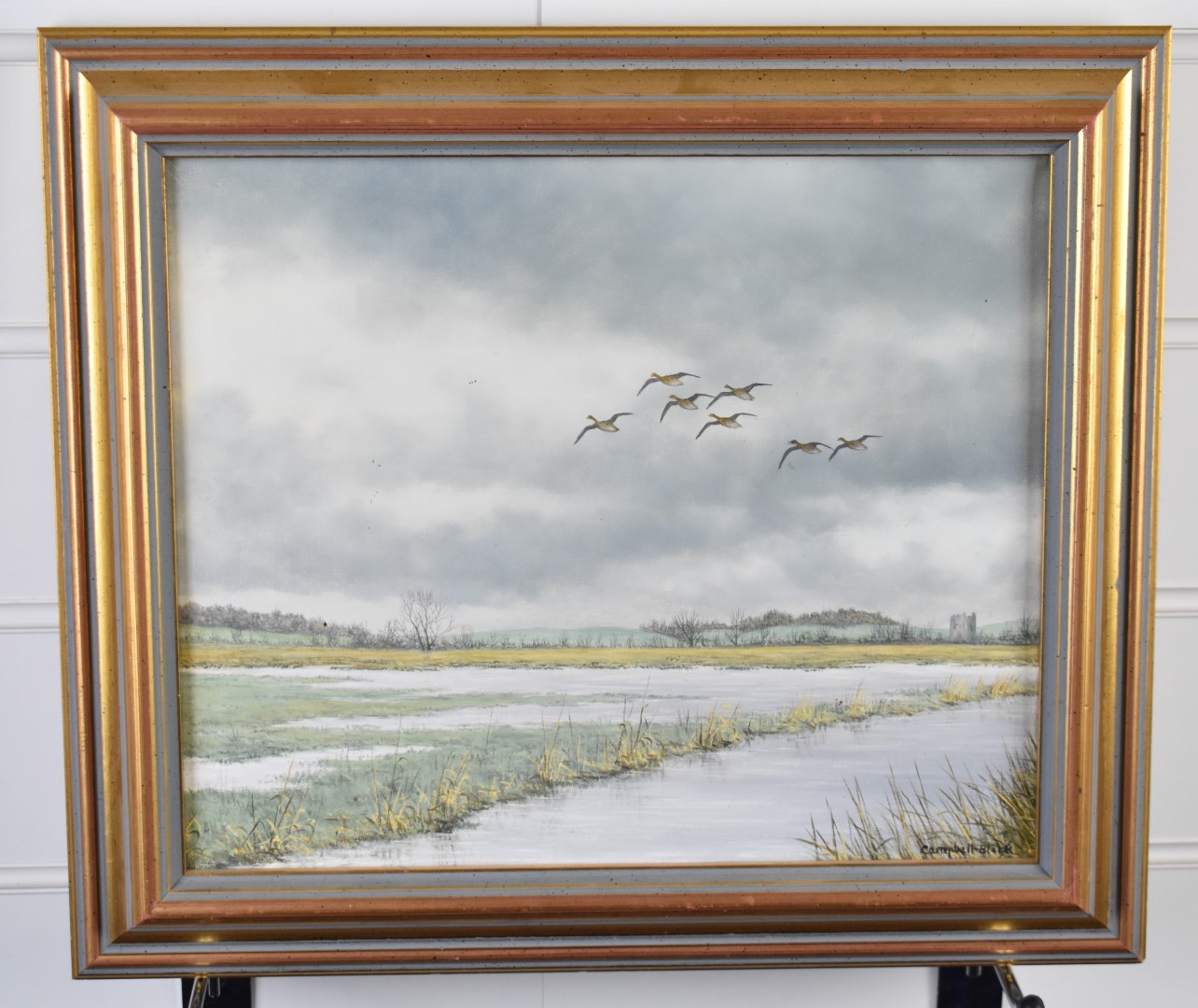 Geoffrey Campbell Black (born 1925) oil on canvas birds in flight above a marshy landscape, signed - Image 2 of 4