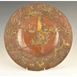 Japanese Meiji period bronze charger with central Samurai and dragon surround decoration, diameter