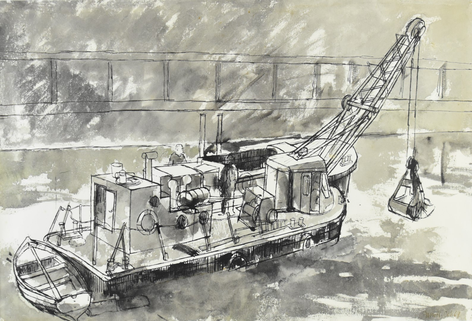 Farrell pen and ink study of a dredger with smaller boat to the back, signed and dated 69 lower